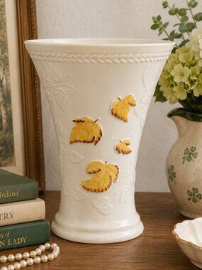 VTG Belleek Ireland Parian China Vase – Grape Vine Pattern – Ivory White Floral